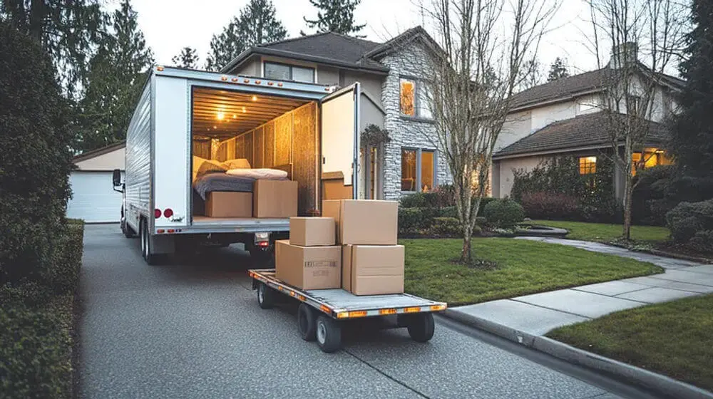 A fully loaded moving truck and a flatbed cart with boxes parked in front of a residential home.