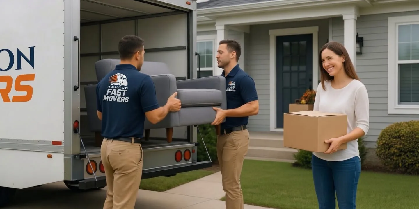 Houston Fast Movers team unloading furniture at residential home in Houston Texas
