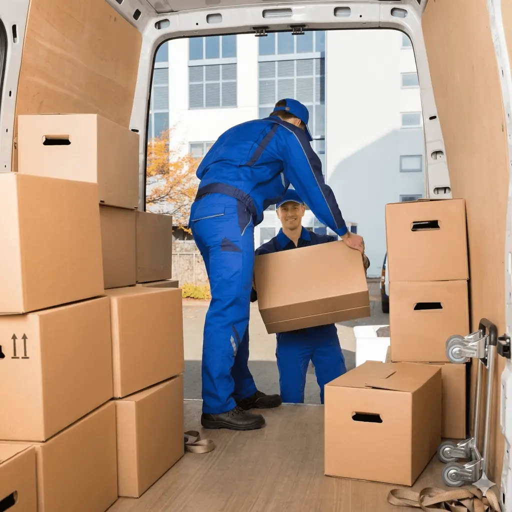 Two professional movers in blue uniforms loading cardboard boxes into a moving truck.