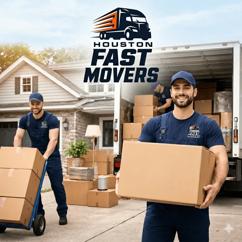 Professional Houston Fast Movers team unloading a truck with boxes and dollies for a commercial move.