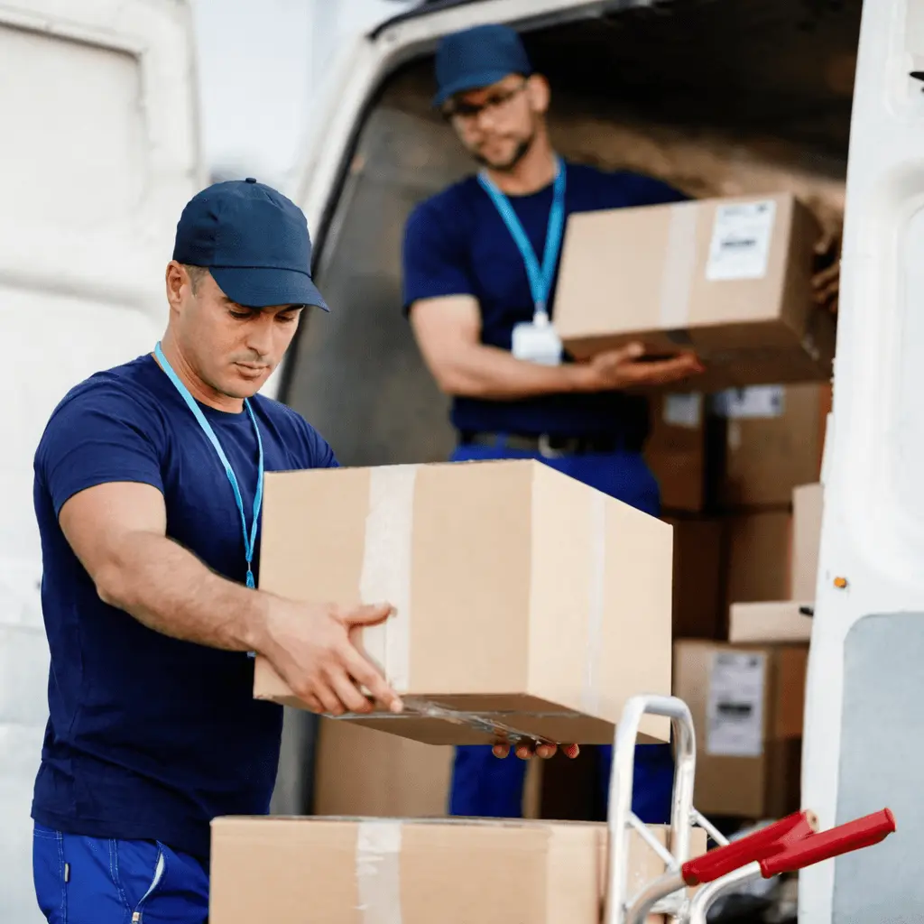 Two professional movers unloading boxes from a delivery van for a commercial office move.