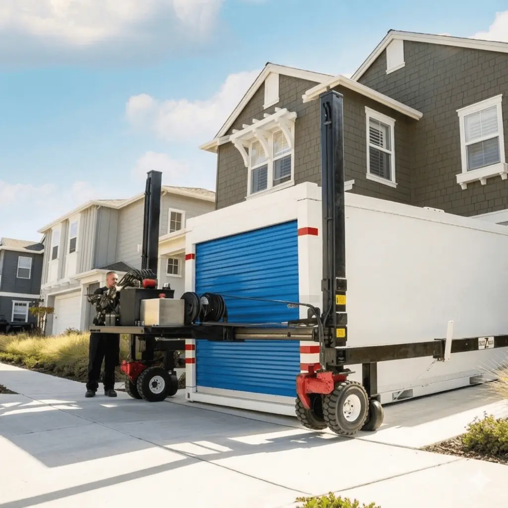 A professional portable storage container being delivered to a suburban home for interstate moving.