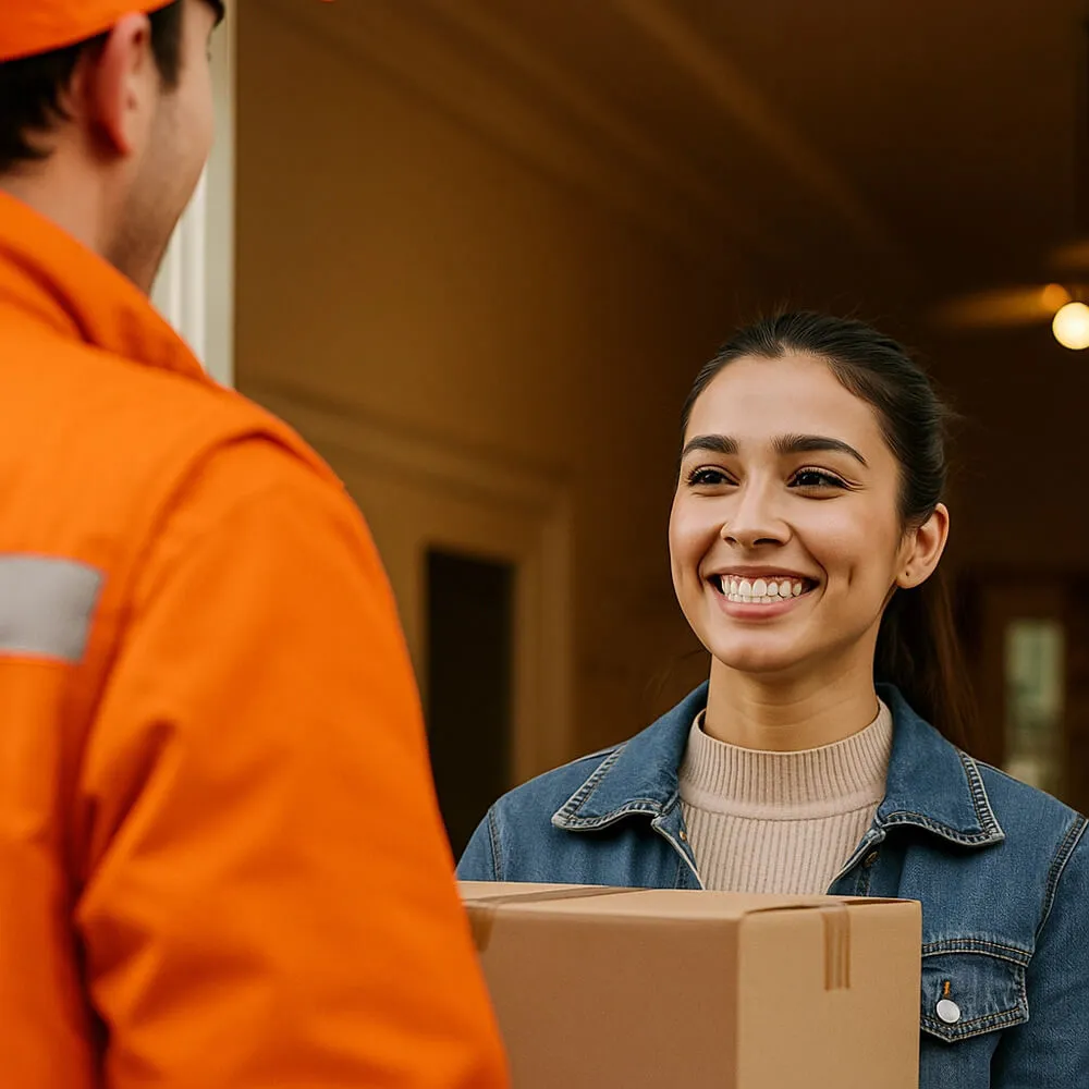 A happy customer smiling while receiving a delivery box from a Houston Fast Movers professional.