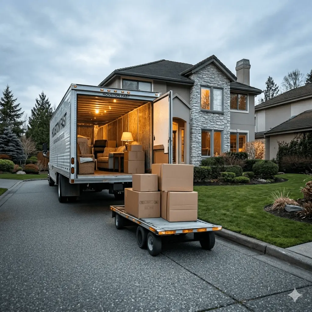 A loaded Houston Fast Movers truck and flatbed cart with boxes at a residential home for long-distance relocation.