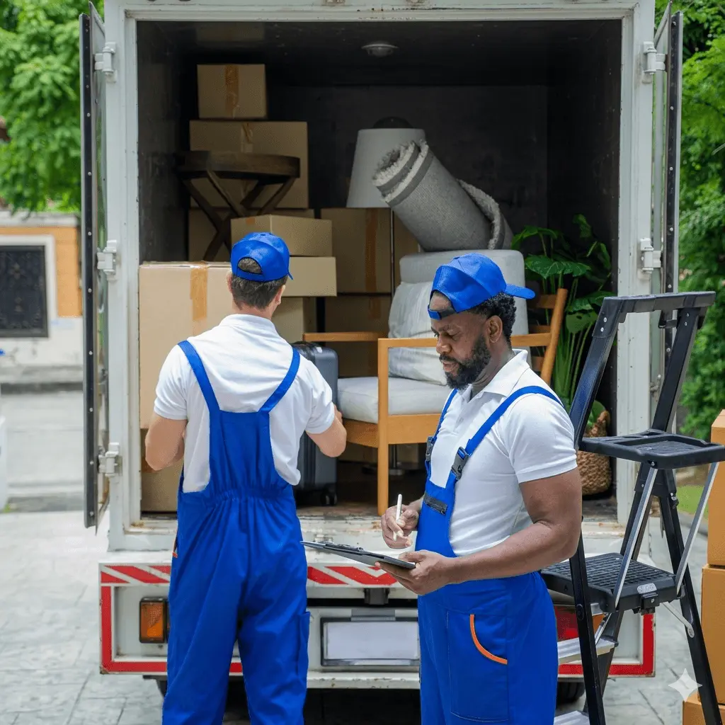 Uniformed movers loading furniture and boxes into a truck for long-distance relocation.