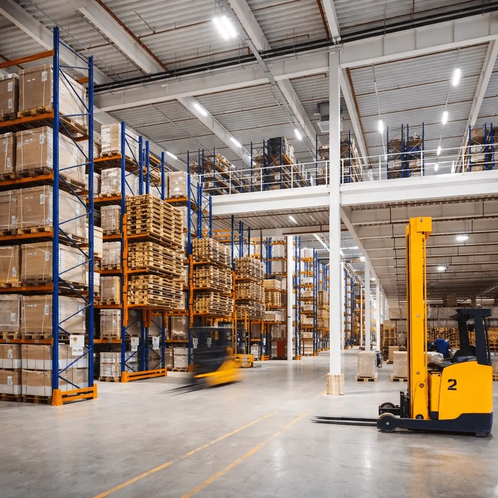 Modern warehouse facility with high pallet racking and forklifts for secure storage.