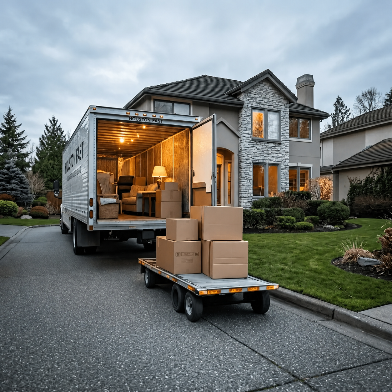 Long distance movers Houston TX loading furniture and boxes into a moving truck outside a modern suburban home